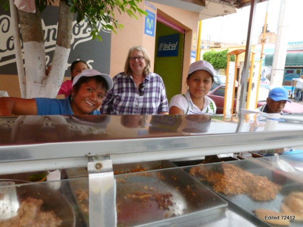 A satisfied customer, Kate!, after a lunch of tacos at this stand next to the Plaza in Soledad. 