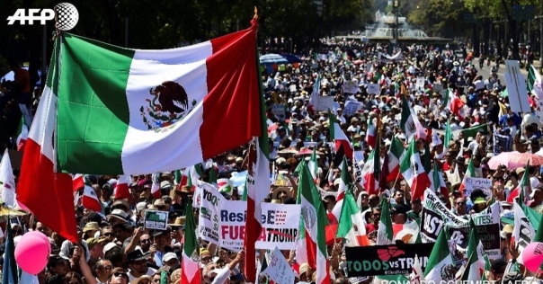 Upwards of 20,000 people in Mexico City on Sunday Feb. 12 protest the language and policies of the current U.S. administration 